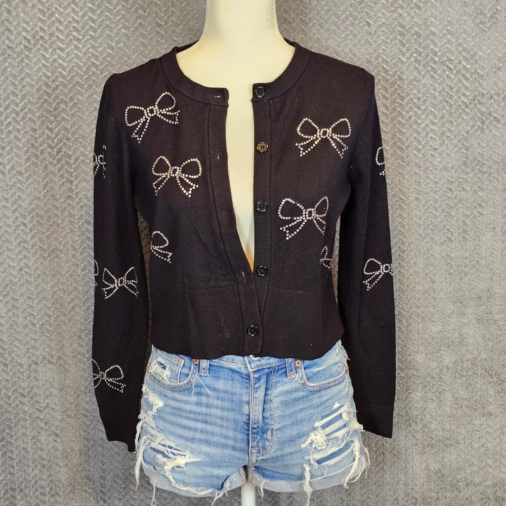Black Coquette Rhinestone Bow Cropped‎ Cardigan Balletcore Medium Long Sleeve